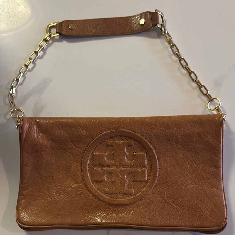 Tory Burch Tan Leather Clutch with Gold Chain